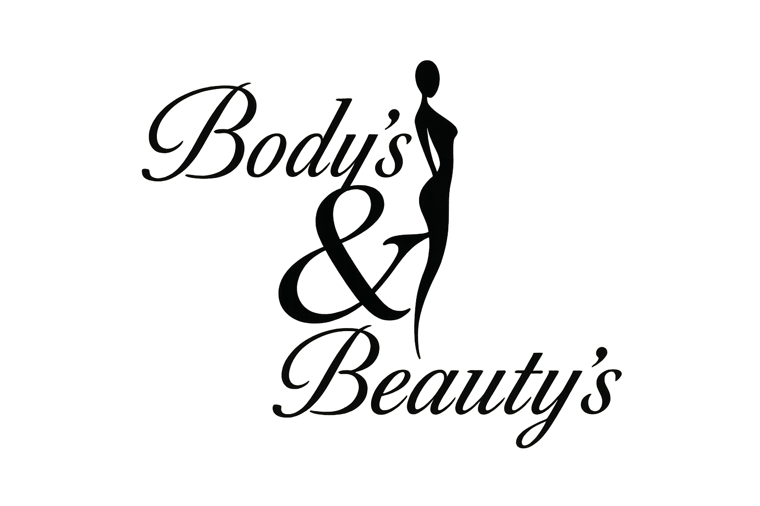 Peux tu me faire un logo avec les lettre écris en italique en mettant « Body's » en haut à gauche, le « & » au centre en silhouette de femme sexy et « Beauty's » en bas à droite avec les lettres B écris en italique en majuscule comme au stylo plume